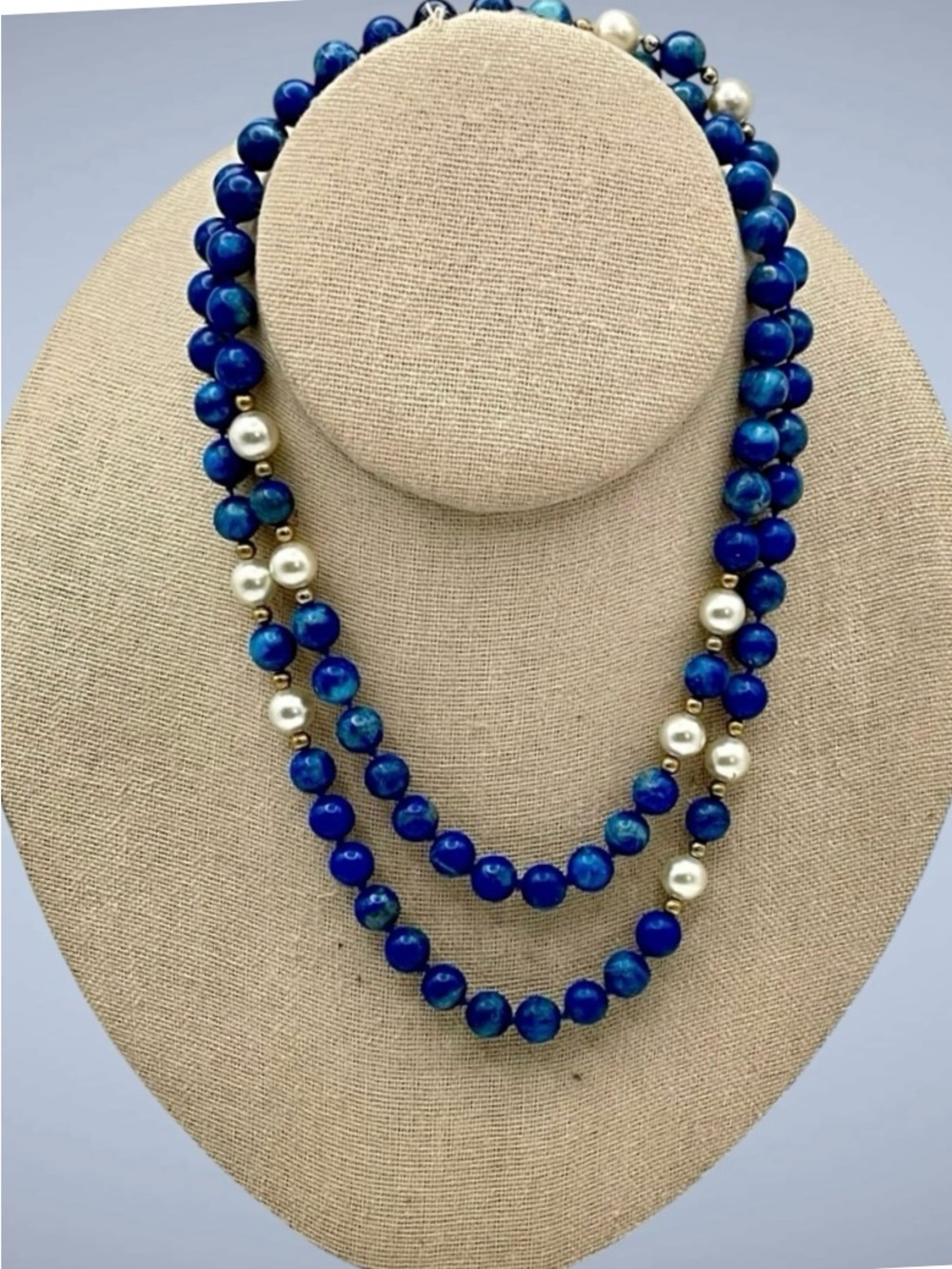 Fabulous Lazurlite and Pearl Station Necklace With Gold Accents Vintage Ethnic